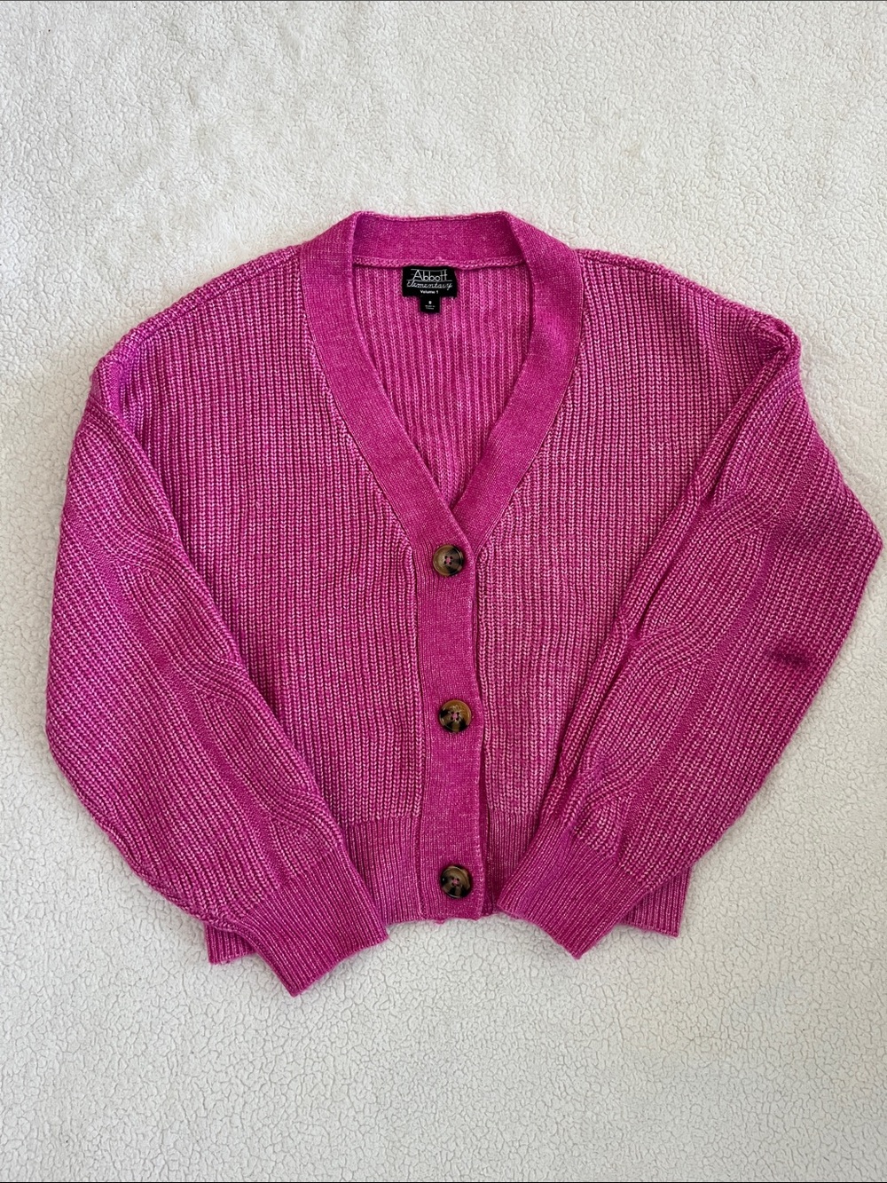 Abbott Elementary Pink Ribbed Button-Front Cardigan Sweater